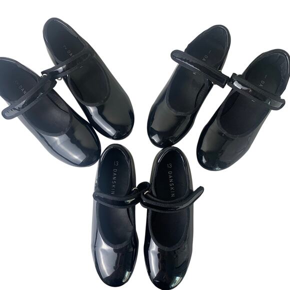 Danskin Three Pairs Little Girl's Tap Dance Shoes Patent Black Size 13, 1, & 2 - Picture 1 of 10
